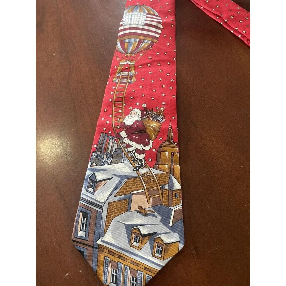 VTG Christmas Necktie Men’s Red Stafford Santa Hot Air Balloon